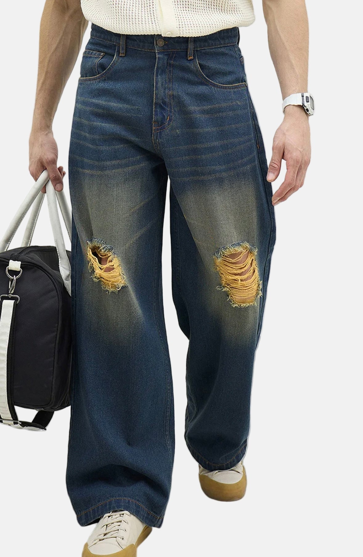 Men’s Vintage Wide-Leg Distressed Denim Jeans