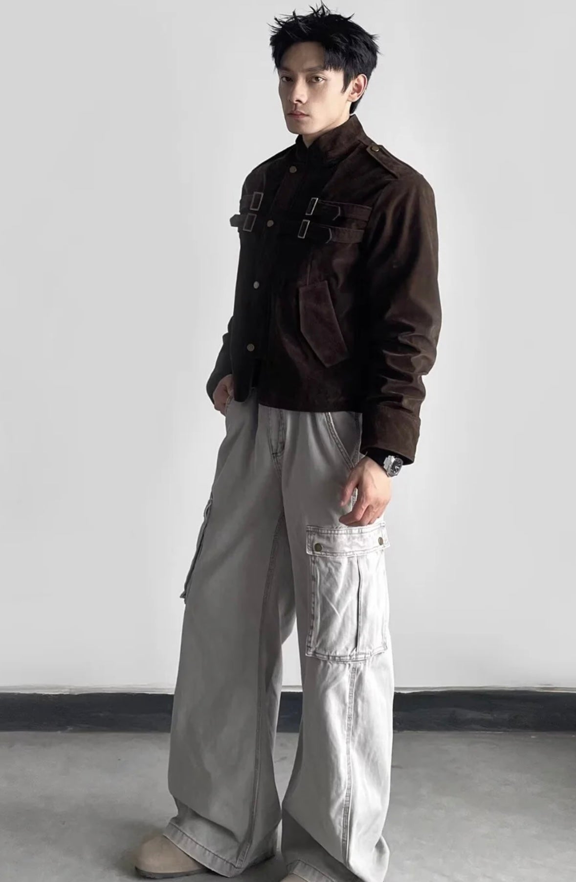 Men’s Vintage Suede Buckle Jacket – Cropped Military-Style Winter Outerwear