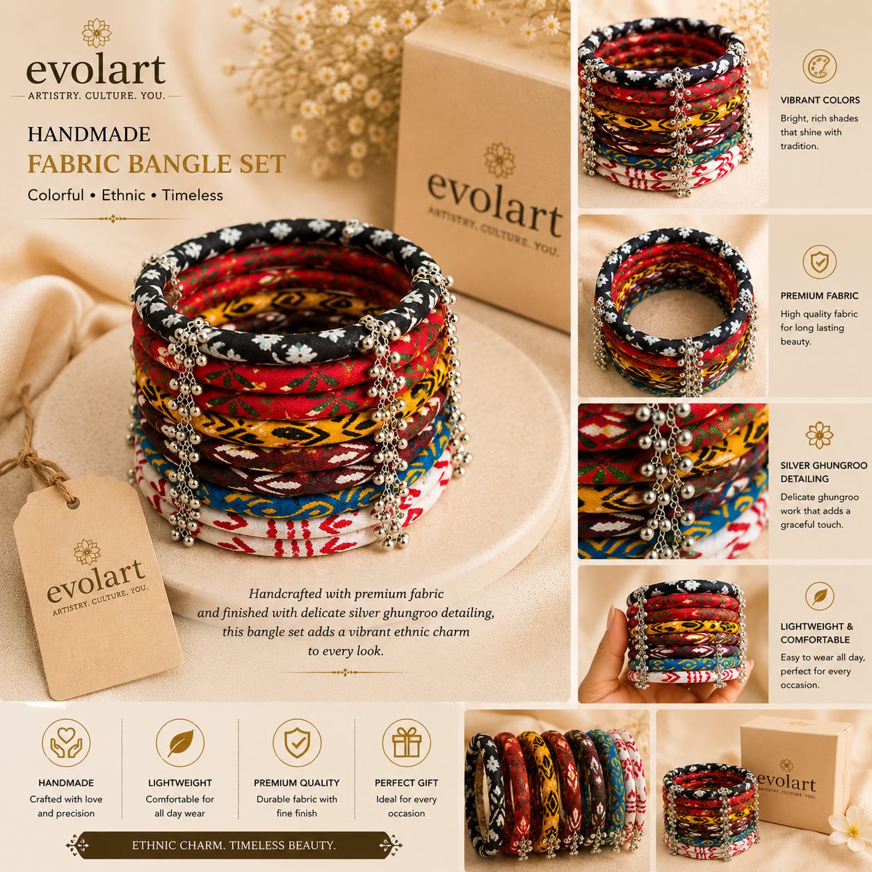 Evolart Handmade Fabric Bangle Set