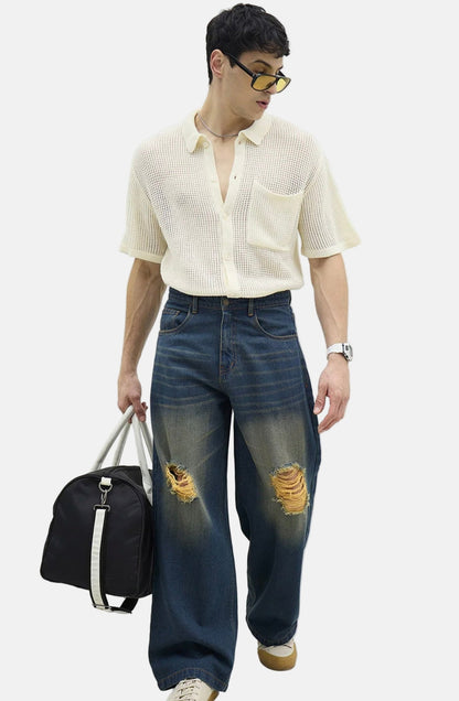 Men’s Vintage Wide-Leg Distressed Denim Jeans
