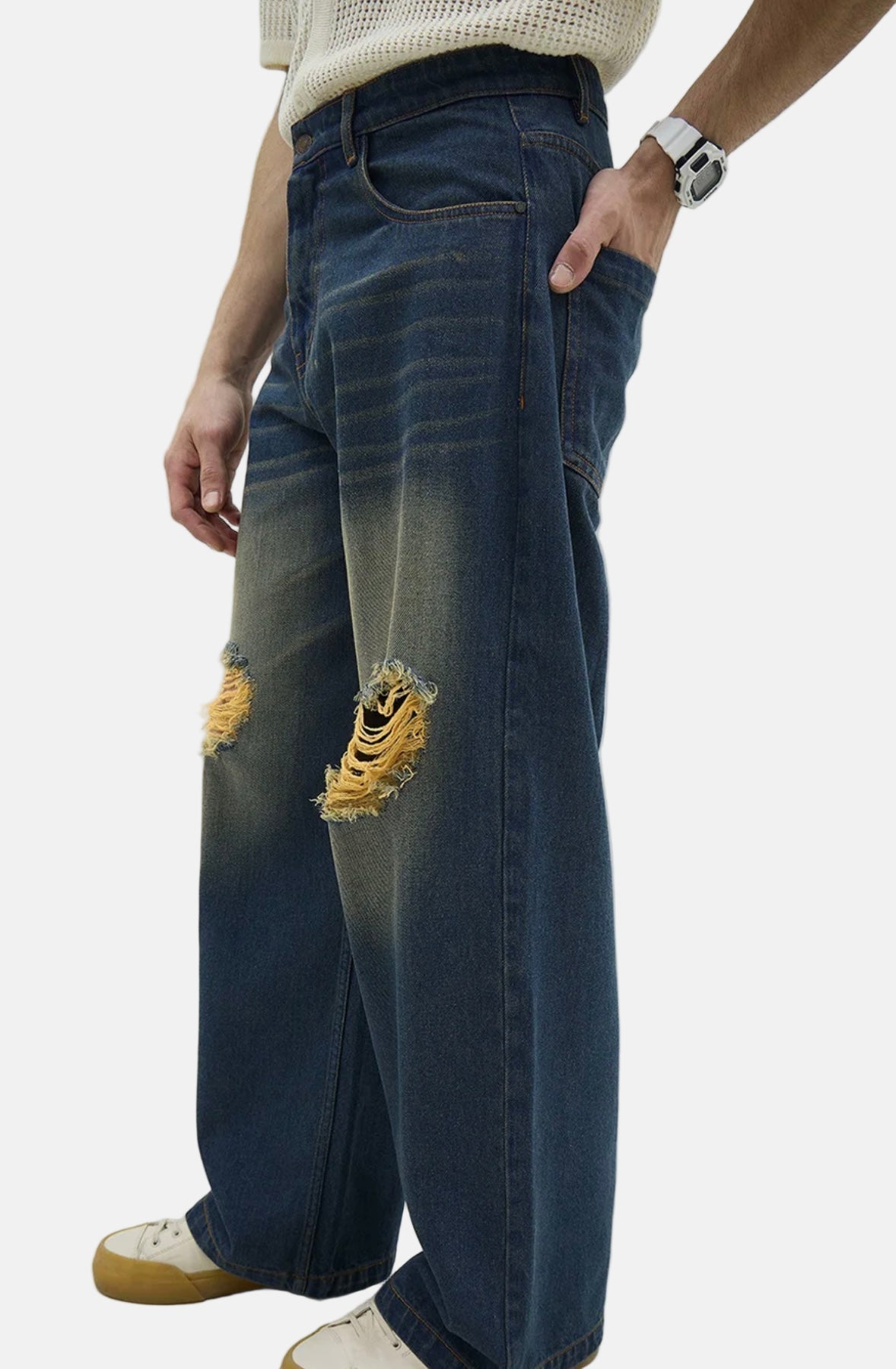 Men’s Vintage Wide-Leg Distressed Denim Jeans