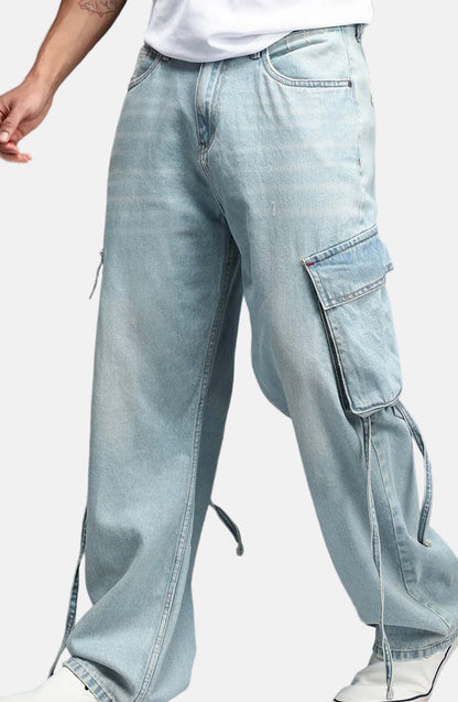 Men’s Oversized Light-Wash Cargo Denim Pants
