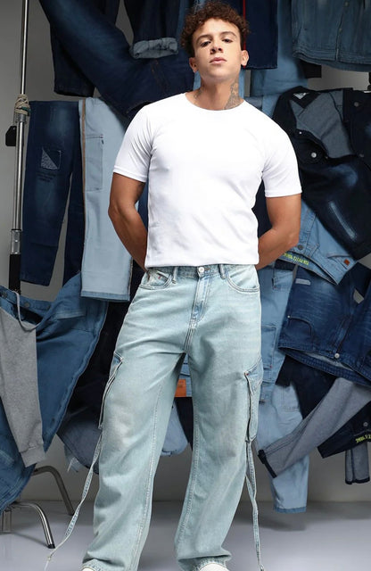 Men’s Oversized Light-Wash Cargo Denim Pants