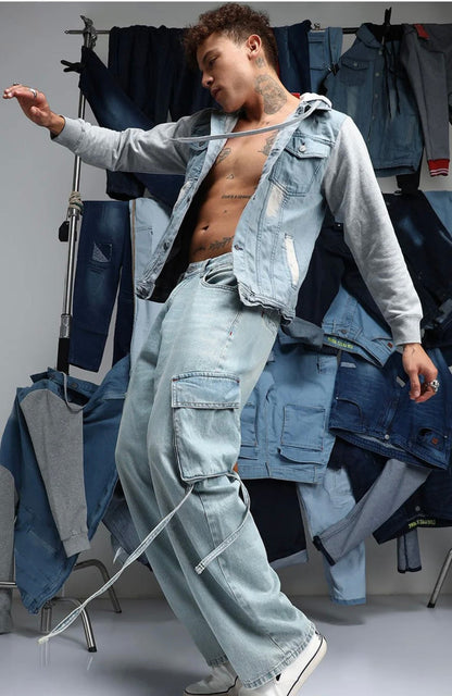 Men’s Oversized Light-Wash Cargo Denim Pants