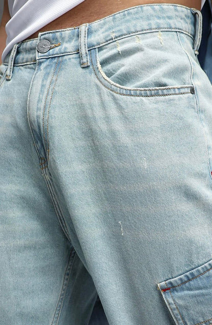 Men’s Oversized Light-Wash Cargo Denim Pants
