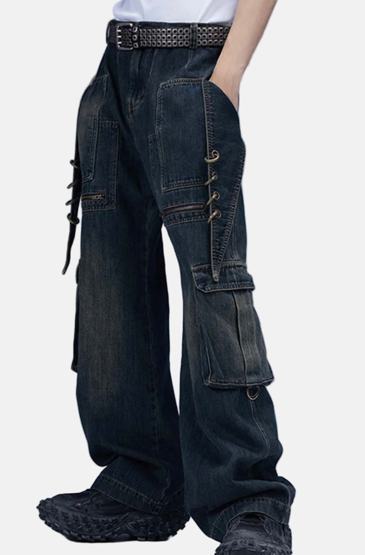 Darkwash Lace-Up Utility Cargo Pants