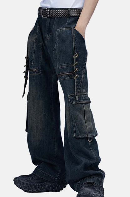 Darkwash Lace-Up Utility Cargo Pants