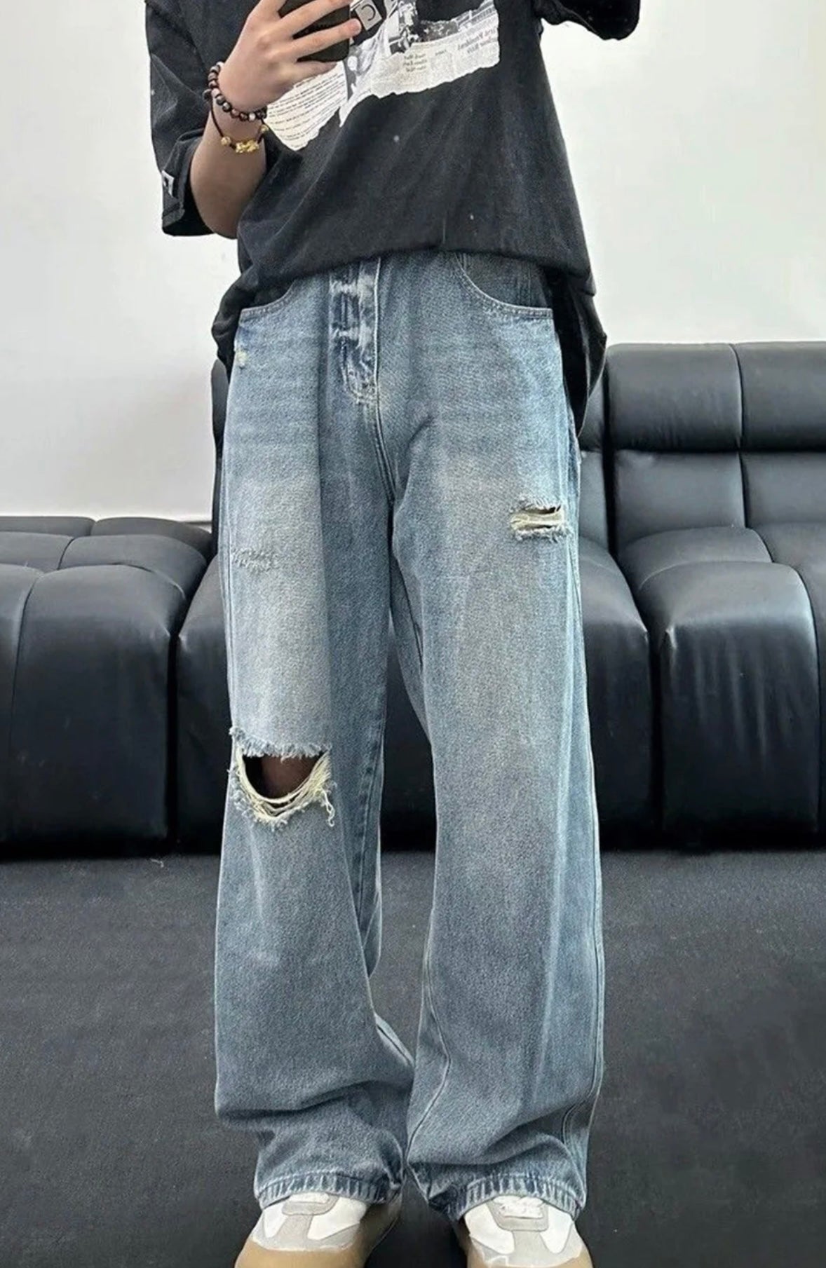 Unisex Retro Loose-Fit Distressed Wide-Leg Jeans