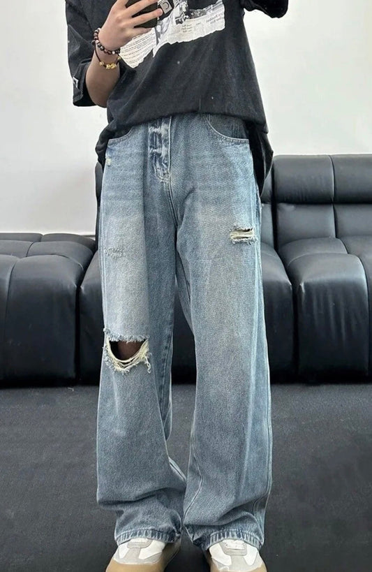 Unisex Retro Loose-Fit Distressed Wide-Leg Jeans