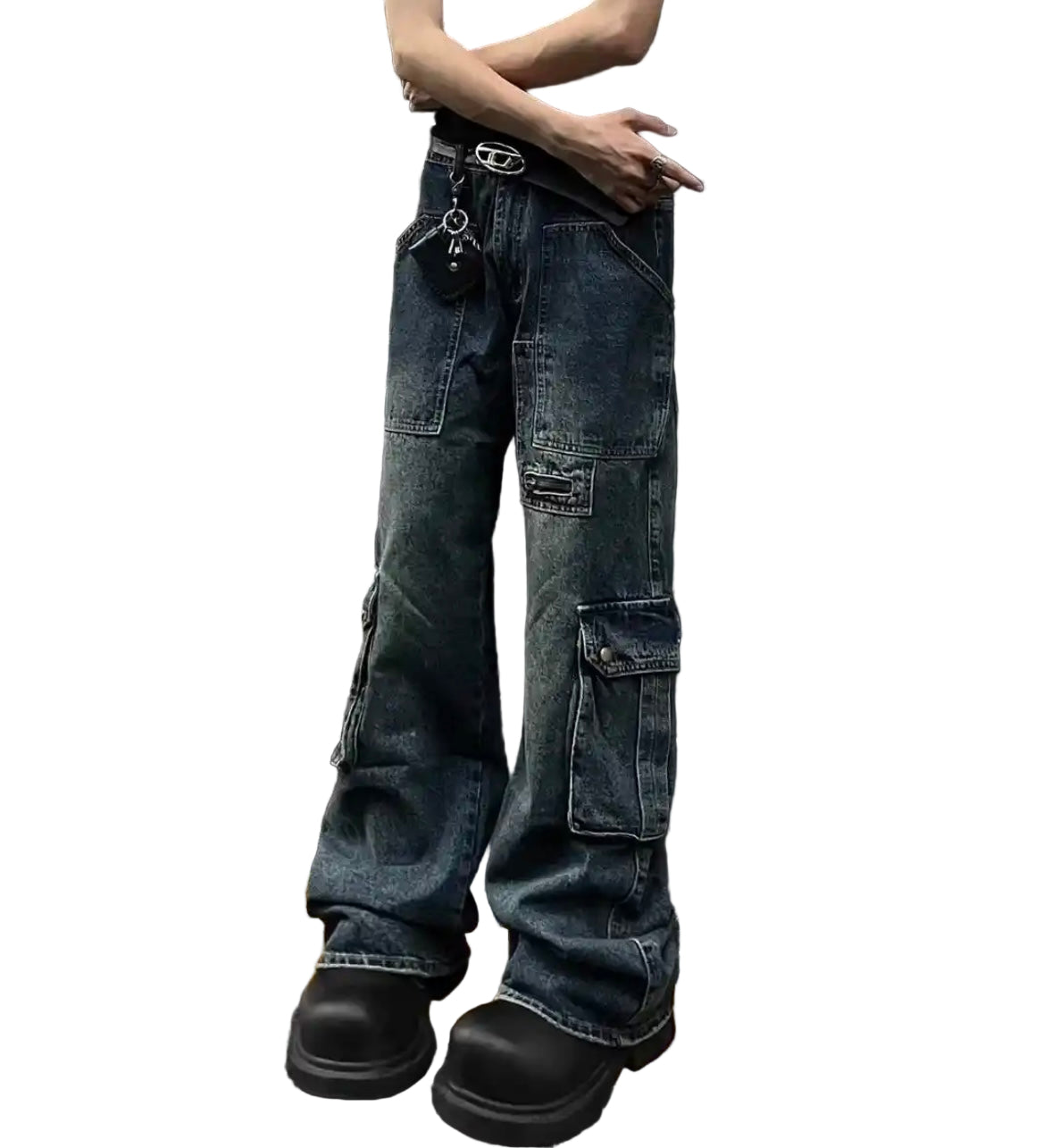 Unisex Dark-Wash Multi-Pocket Cargo Denim