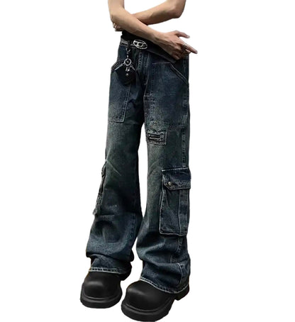 Unisex Dark-Wash Multi-Pocket Cargo Denim
