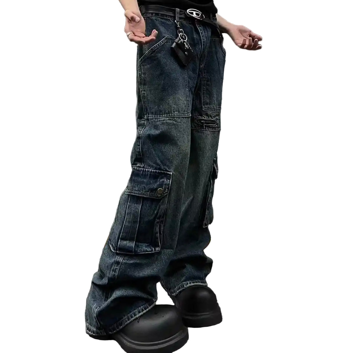 Unisex Dark-Wash Multi-Pocket Cargo Denim