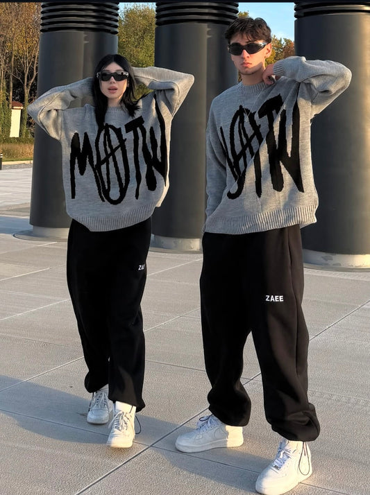 Unisex Oversized Graphic Knit Sweater – Streetwear Couple Style