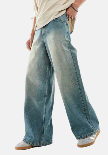 Men’s Wide-Leg Vintage Wash Jeans – Relaxed Fit Streetwear Denim