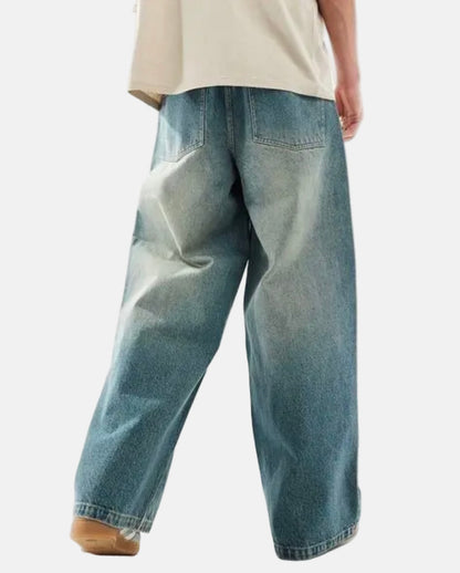 Men’s Wide-Leg Vintage Wash Jeans – Relaxed Fit Streetwear Denim