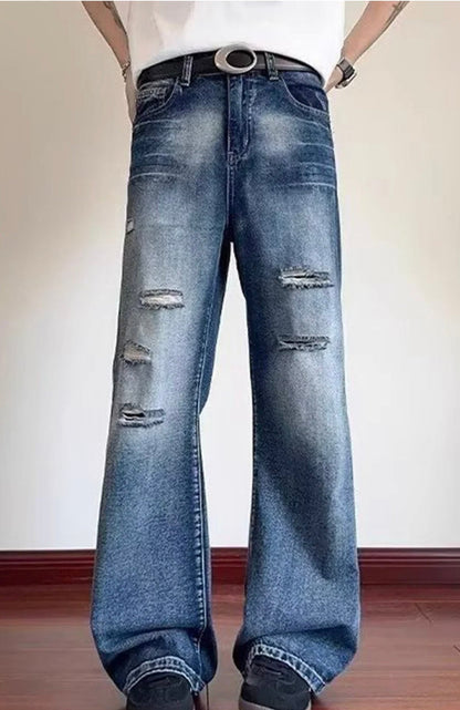Men’s Vintage Wide-Leg Distressed Denim Jeans – Streetwear Loose Fit