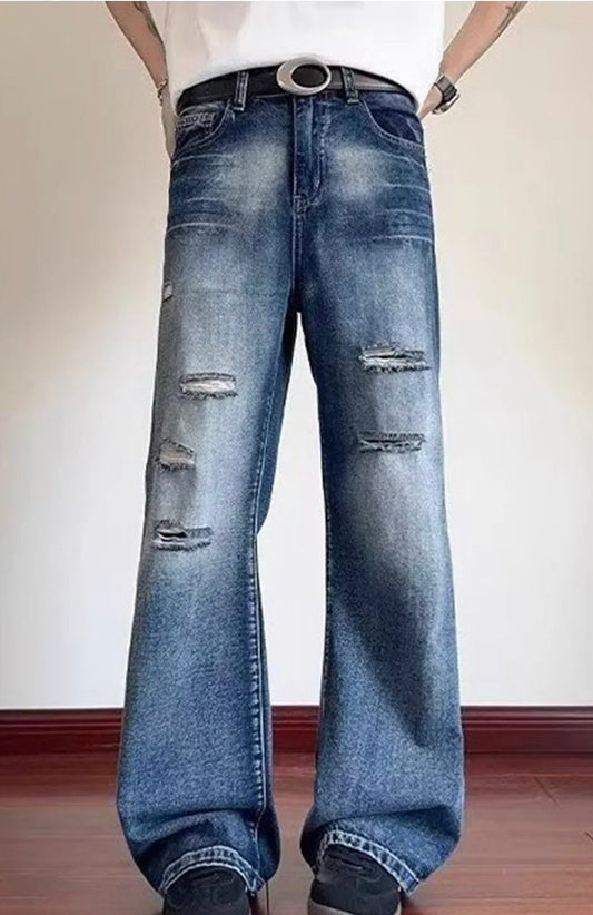 Men’s Vintage Wide-Leg Distressed Denim Jeans – Streetwear Loose Fit