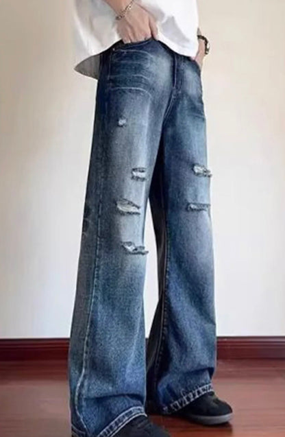 Men’s Vintage Wide-Leg Distressed Denim Jeans – Streetwear Loose Fit