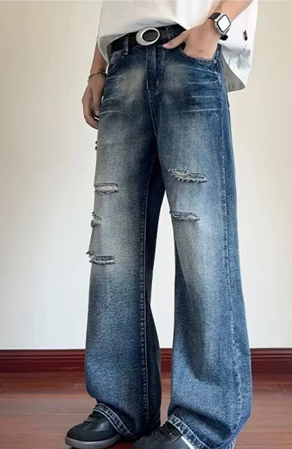 Men’s Vintage Wide-Leg Distressed Denim Jeans – Streetwear Loose Fit
