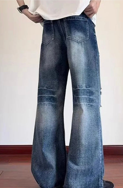 Men’s Vintage Wide-Leg Distressed Denim Jeans – Streetwear Loose Fit