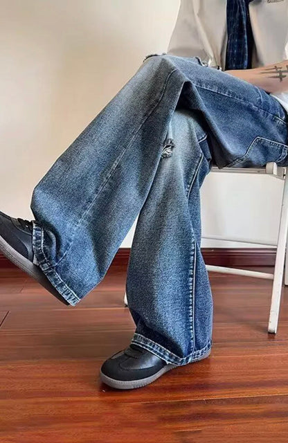 Men’s Vintage Wide-Leg Distressed Denim Jeans – Streetwear Loose Fit