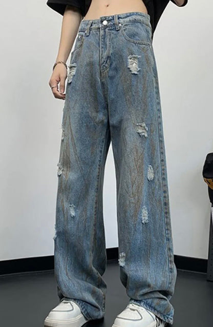 Men’s Distressed Wide-Leg Streetwear Jeans – Baggy Retro Denim