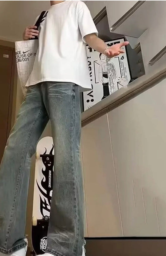 Men’s Retro Washed Wide-Leg Jeans – Vintage Loose Fit Streetwear Denim