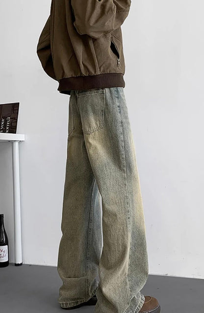 Vintage Baggy Washed Denim Jeans with Red Graphic Chain Print