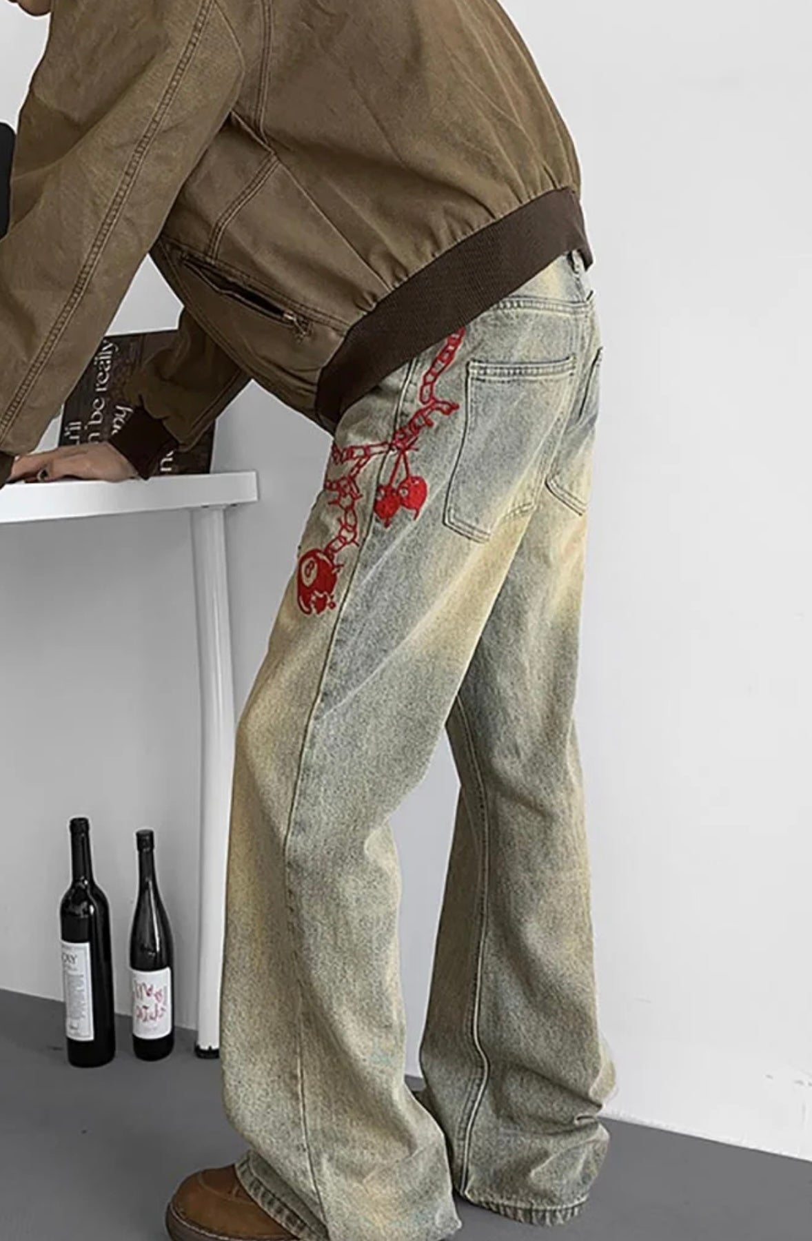 Vintage Baggy Washed Denim Jeans with Red Graphic Chain Print