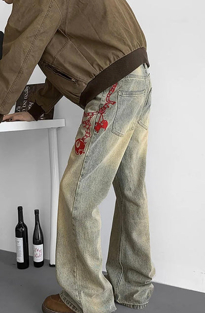 Vintage Baggy Washed Denim Jeans with Red Graphic Chain Print