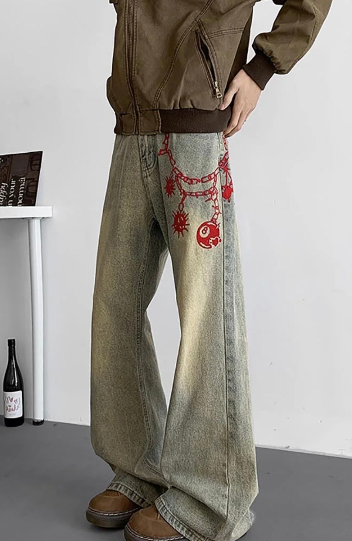Vintage Baggy Washed Denim Jeans with Red Graphic Chain Print