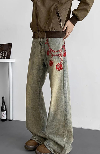 Vintage Baggy Washed Denim Jeans with Red Graphic Chain Print