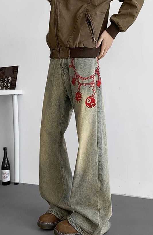 Vintage Baggy Washed Denim Jeans with Red Graphic Chain Print