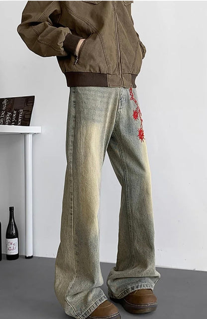 Vintage Baggy Washed Denim Jeans with Red Graphic Chain Print