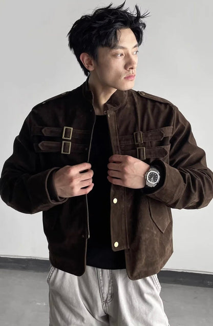 Men’s Vintage Suede Buckle Jacket – Cropped Military-Style Winter Outerwear