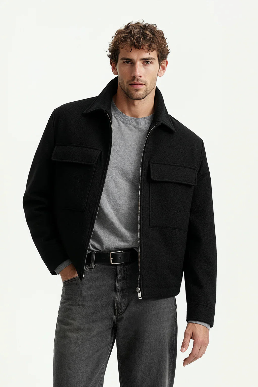 Men’s Premium Wool-Blend Black Utility Jacket