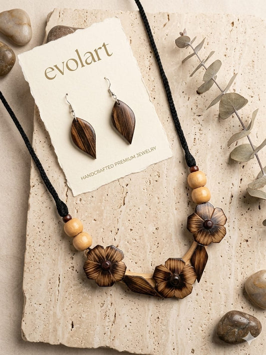 Evolart Handcrafted Wooden Floral Necklace Set