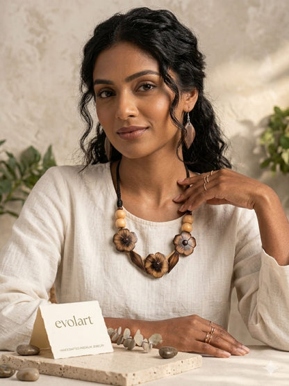 Evolart Handcrafted Wooden Floral Necklace Set