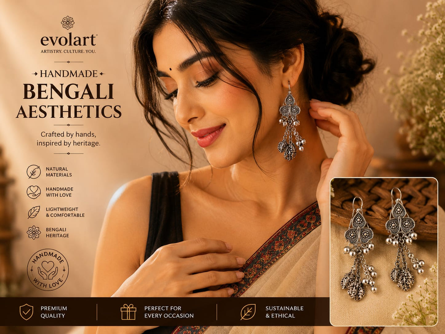 Evolart Handmade Bengali Heritage Oxidised Earrings