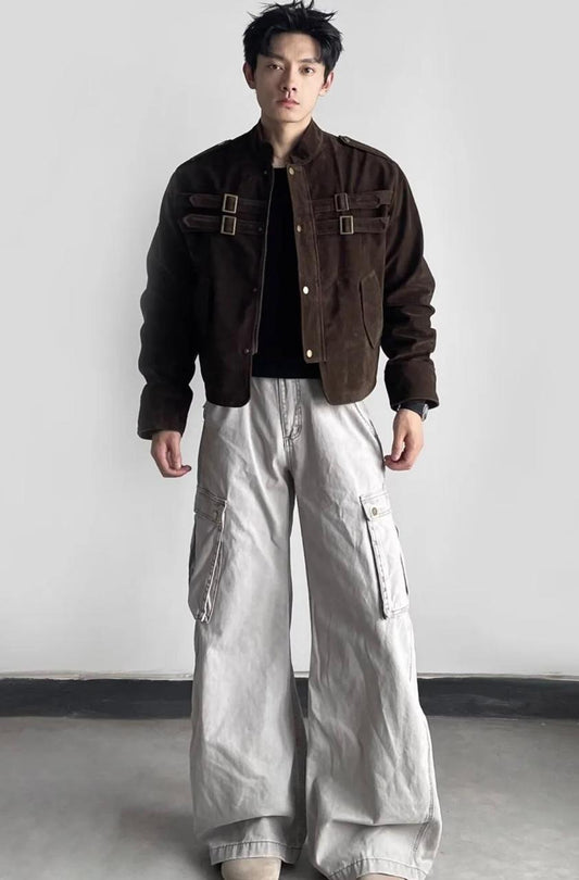 Men’s Vintage Suede Buckle Jacket – Cropped Military-Style Winter Outerwear