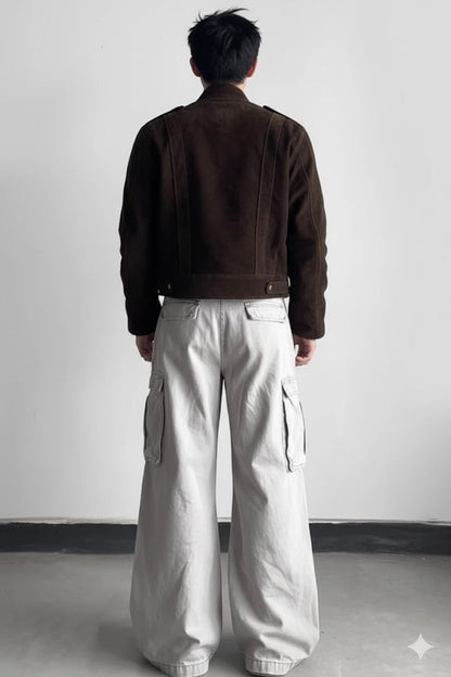 Men’s Vintage Suede Buckle Jacket – Cropped Military-Style Winter Outerwear